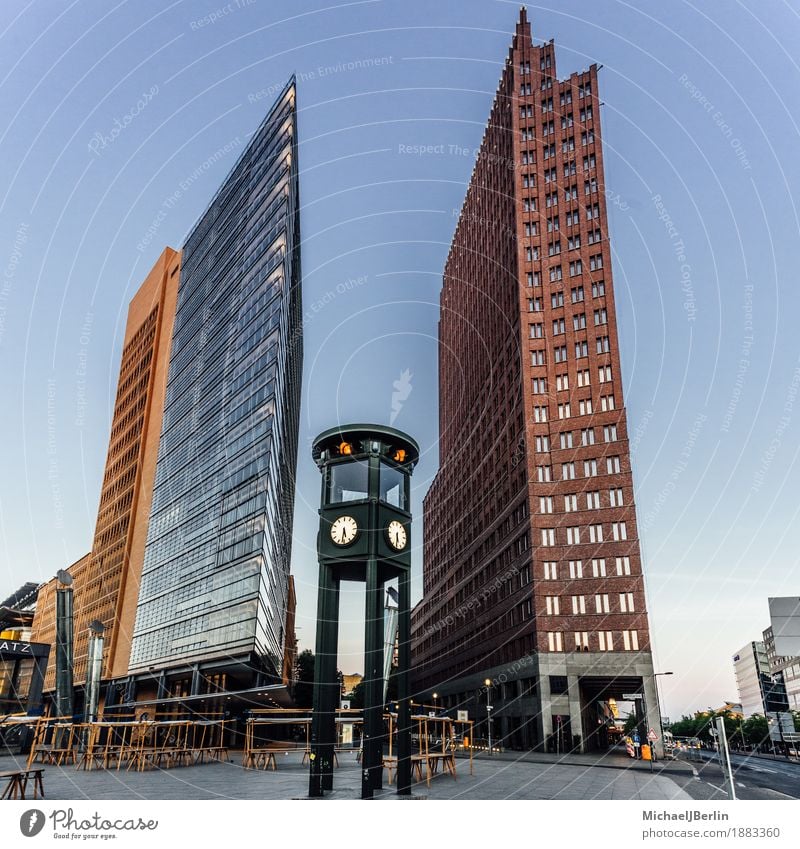 Traffic lights at Potsdamer Platz in Berlin Germany Old High-rise Transport Old fashioned New Modern Building Architecture Colour photo Exterior shot Dawn