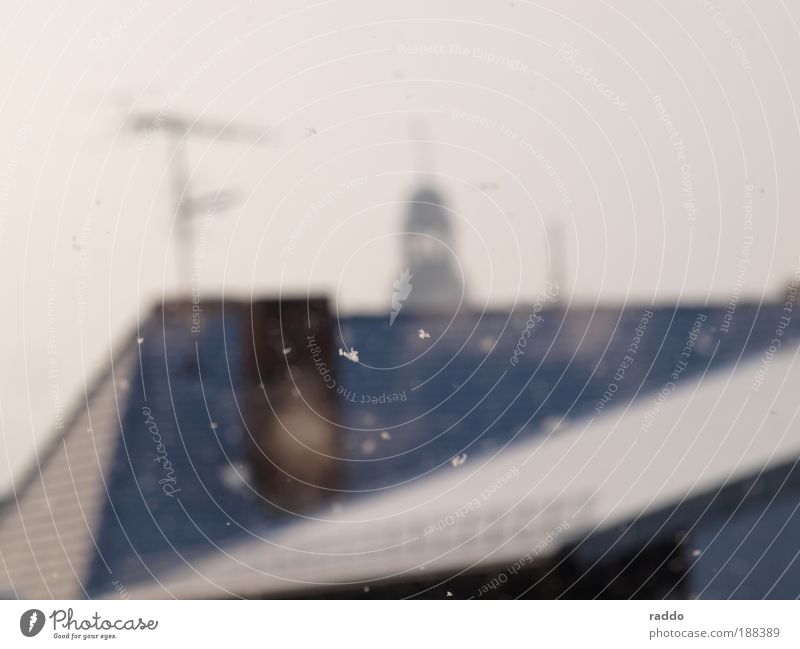 Lonley Snowflake Air Clouds Winter Weather Bad weather Fog Snowfall Gießen Germany Europe Small Town House (Residential Structure) Roof Church spire Chimney