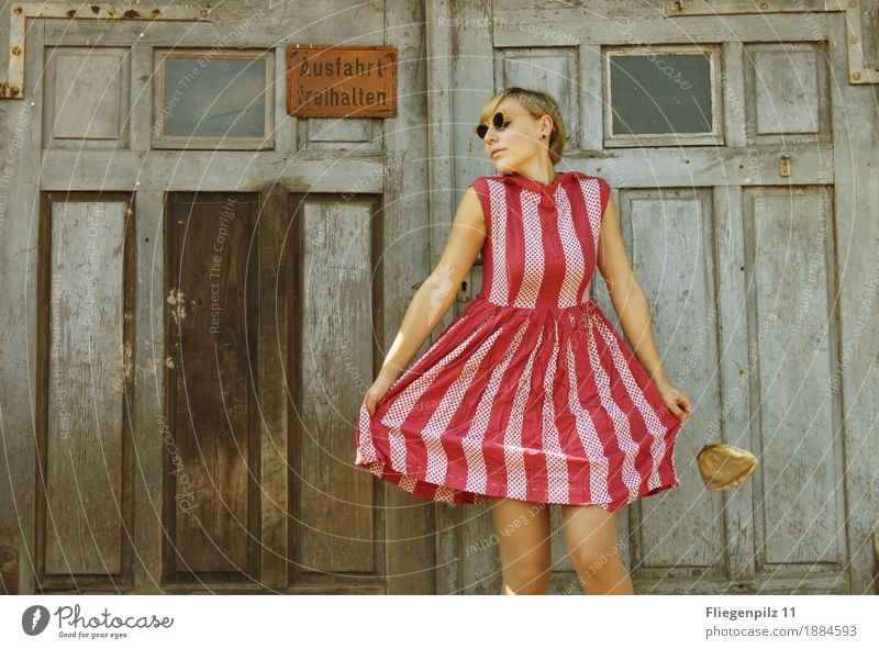 retro stylish young woman posing in front of an old wooden gate. striped dress Lifestyle Elegant Style pretty Feminine Young woman Youth (Young adults) Woman