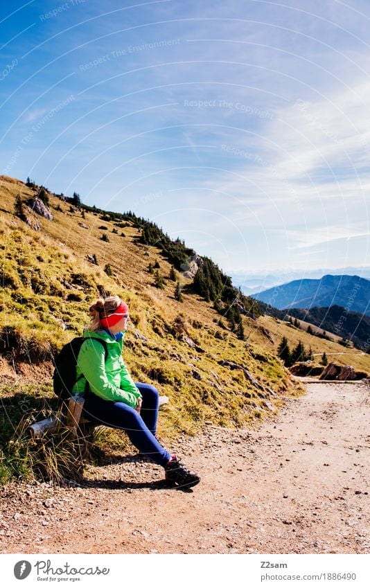 First break Lifestyle Adventure Mountain Hiking Sports Young woman Youth (Young adults) 30 - 45 years Adults Nature Landscape Autumn Beautiful weather Alps Peak