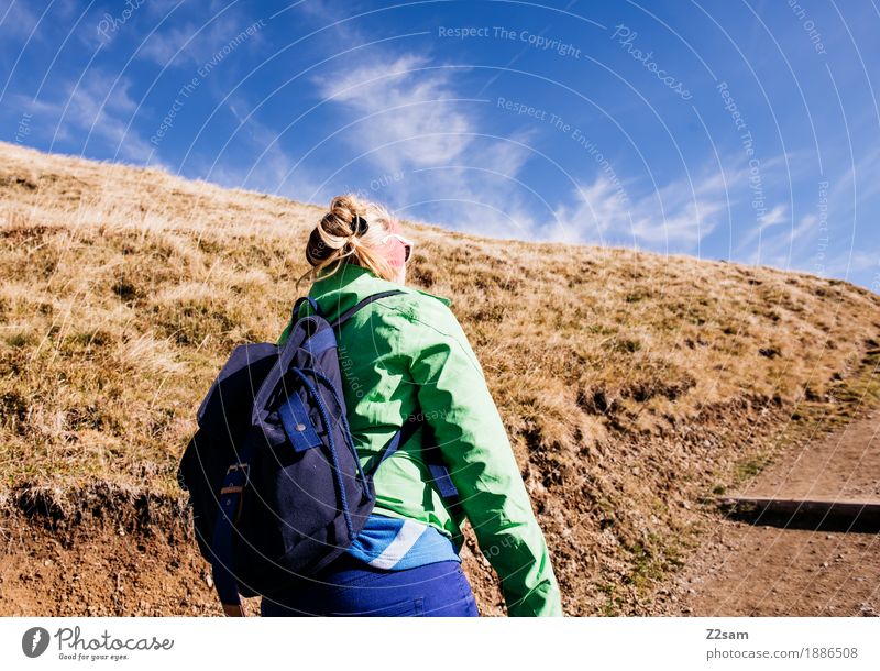Come on, come on! Adventure Mountain Hiking Sports Young woman Youth (Young adults) 18 - 30 years Adults Nature Autumn Beautiful weather Meadow Alps
