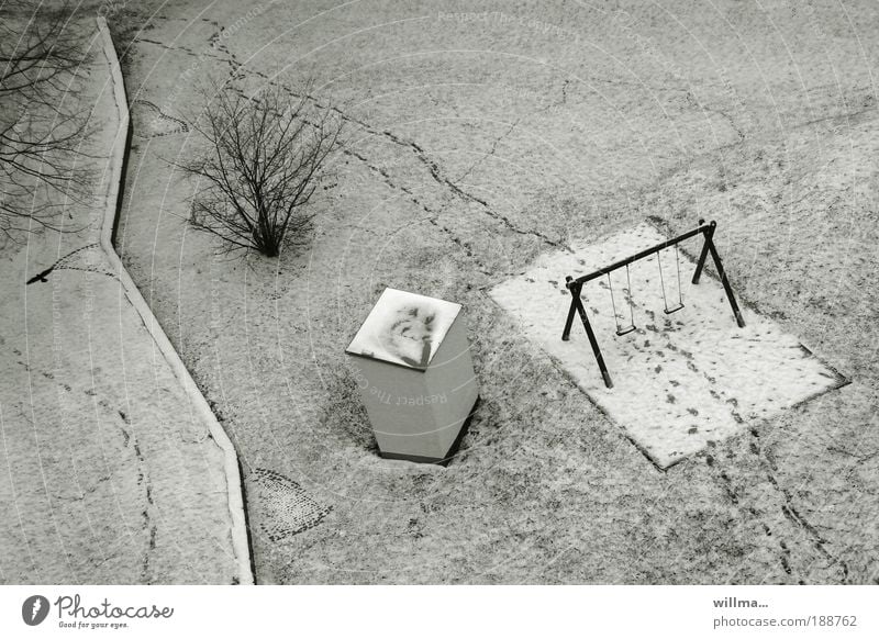 meeting place Playground Snow track Winter Climate Ice Frost Bushes Meadow Deserted Swing Snow layer Gray Cold Footprint Virgin snow Meeting point