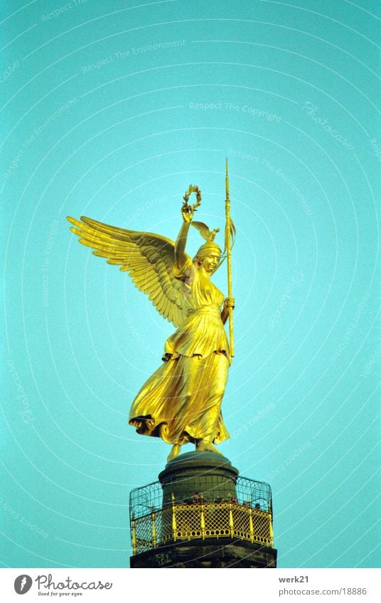 Victory column in Berlin Landmark War Statue Monument Historic Sky Angel Gold Victoria laurel wreath field signs