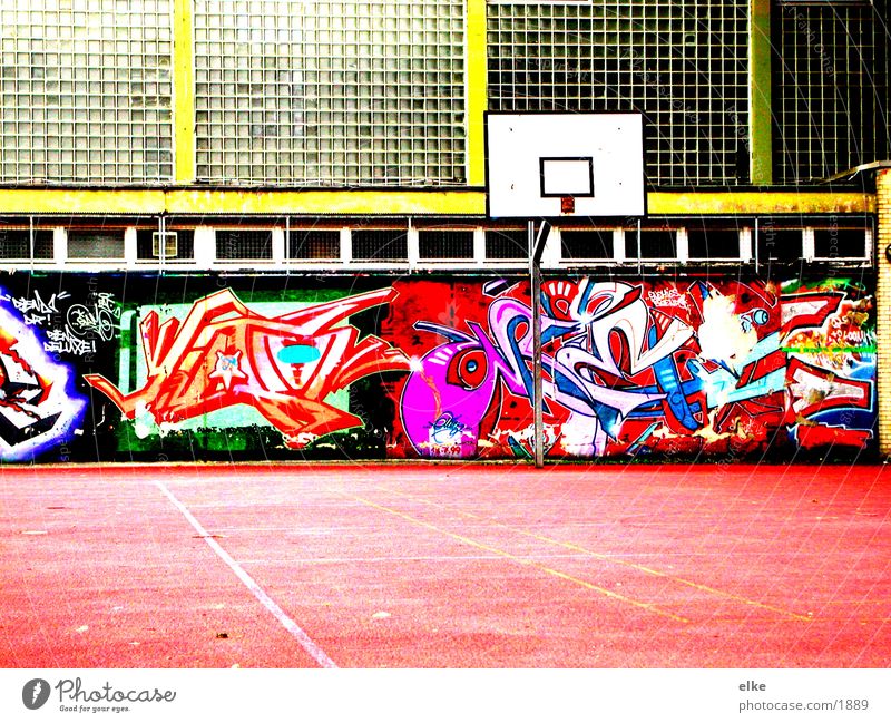 playground Sports Basketball Graffiti Contrast Basketball arena Basketball basket Deserted Multicoloured Glass wall Gymnasium Schoolyard Exterior shot