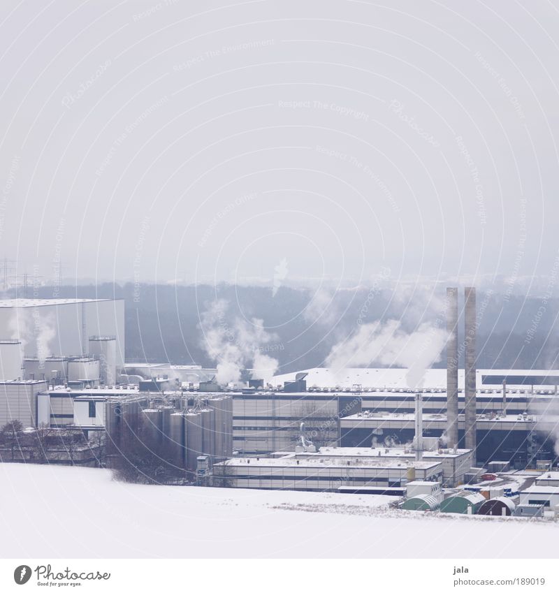 Behind the seven mountains, with the seven dwarves. Sky Winter Snow Mountain Outskirts Industrial plant Factory Places Building Chimney Large Gloomy Gray White