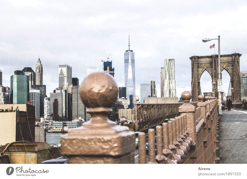 bridging day New York City Americas Skyline Populated High-rise Bridge Tourist Attraction Pedestrian Concrete Metal Steel Going Town Traverse Bridge railing