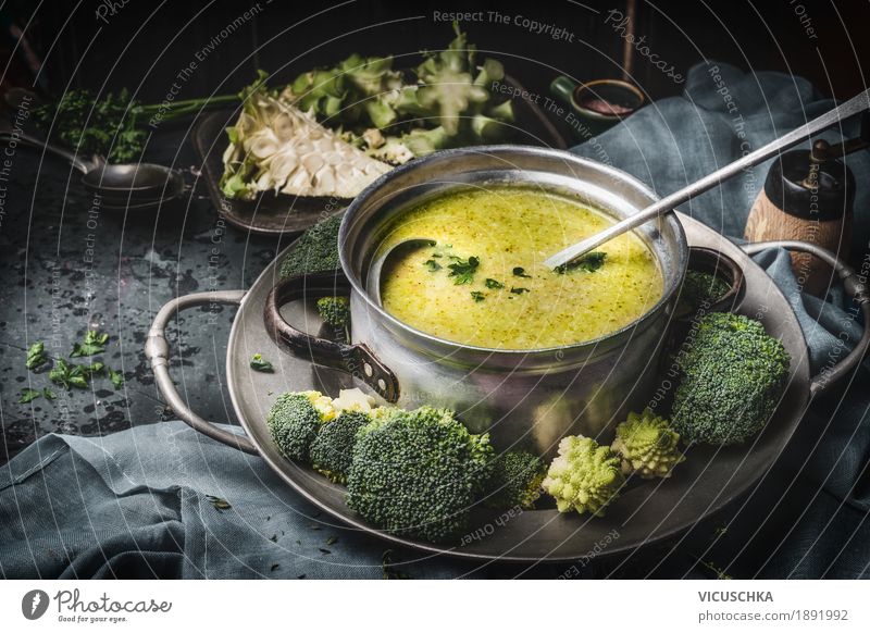 Saucepan with green broccoli soup Food Vegetable Soup Stew Herbs and spices Nutrition Lunch Dinner Buffet Brunch Organic produce Vegetarian diet Diet Crockery
