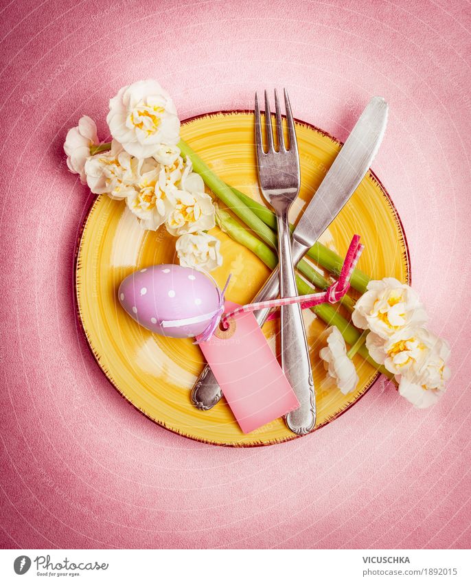 Easter table decoration with egg and flowers Crockery Plate Cutlery Style Design Living or residing Table Restaurant Feasts & Celebrations Yellow Pink Tradition