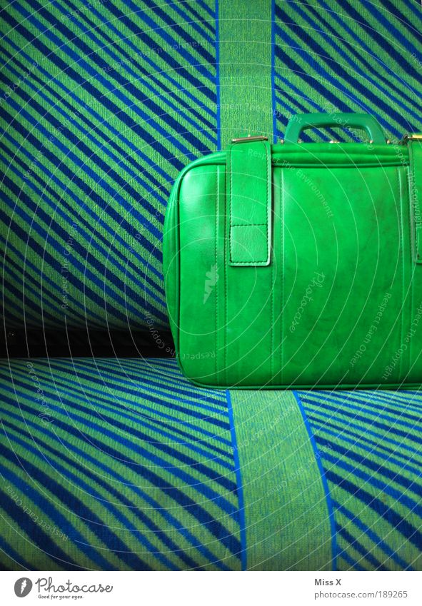 the last suitcase Transport Train travel Commuter trains Underground Train compartment Kitsch Retro Blue Green Freedom Suitcase Vacation & Travel Driving Depart