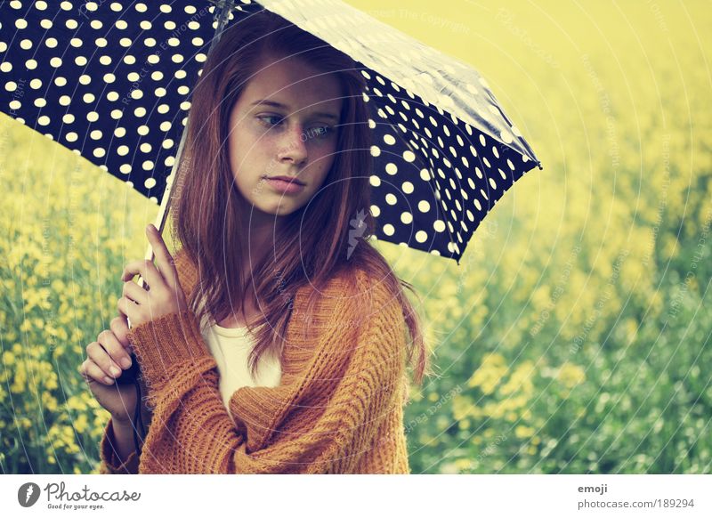 dotted. Feminine Young woman Youth (Young adults) 1 Human being 18 - 30 years Adults Landscape Beautiful Yellow Green Umbrella Sunshade Meditative Spotted
