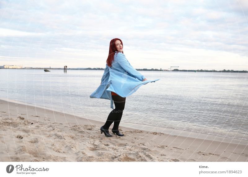 dancing woman on beach Feminine Woman Adults 1 Human being Sky Clouds Horizon Beautiful weather coast River bank Beach Coat Red-haired Long-haired Observe