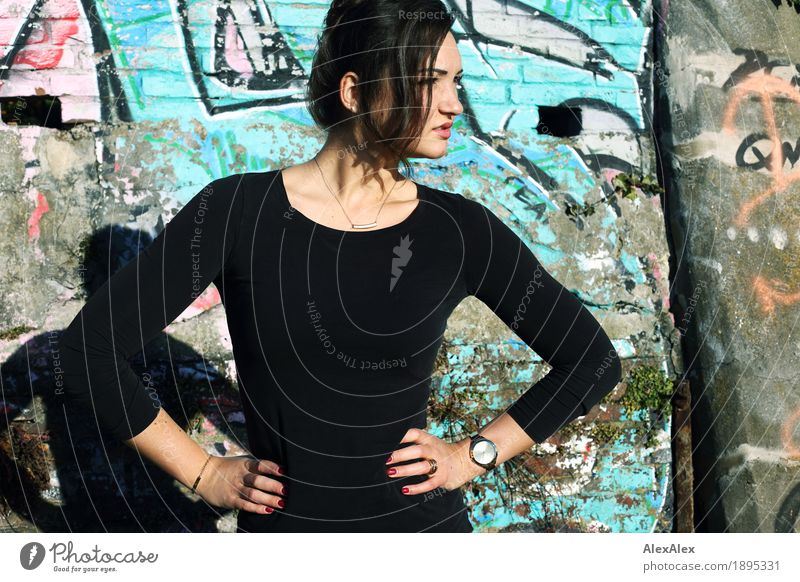 edified Beautiful Young woman Youth (Young adults) 18 - 30 years Adults Youth culture Subculture Beautiful weather Graffiti Wall (barrier) Wall (building) Top