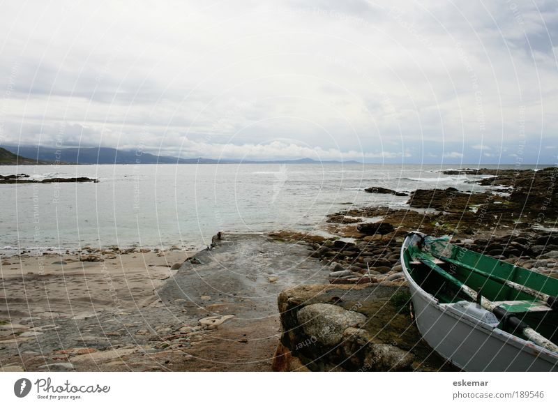 Galicia Atlantic Coast Vacation & Travel Landscape Water Bad weather Rock Bay Fjord Ocean Atlantic Ocean Fishing boat Rowboat Authentic Gloomy Moody Loneliness