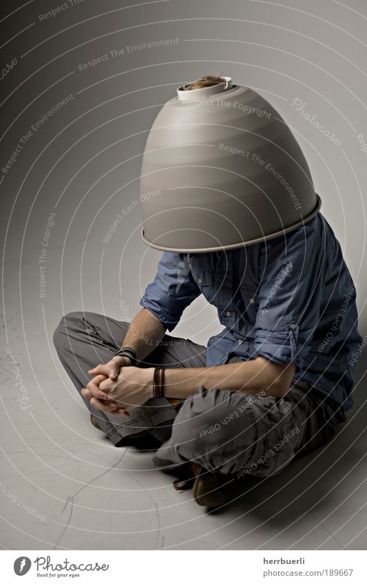 pot on head Human being Masculine Man Adults 1 Crouch Wait concealed head Anonymous Studio shot Reflector Concealed Sit Neutral Funny Grotesque Strange Dress up
