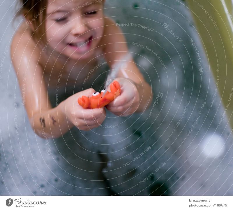 Child torments crab Joy Personal hygiene Swimming & Bathing Living or residing Parenting Girl Infancy 1 Human being 3 - 8 years Drops of water Toys Squeak duck