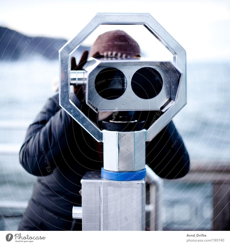 What are you looking at? Cure Beach Human being 1 Nature Landscape Water Winter Weather Ice Frost Waves Coast Island Binoculars Large mooring bridge eyes