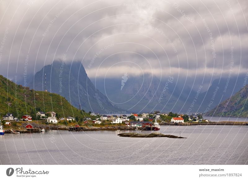 Norway village Reine on a fjord. Nordic cloudy summer Vacation & Travel Tourism Far-off places Freedom Summer Ocean Island Mountain