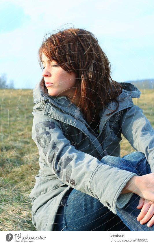 winter sun Woman Sun Sunbathing Winter Jacket Sit Relaxation Contentment Long-haired Coat eyes Closed Sleep Meadow Field Nature Natural Youth (Young adults)