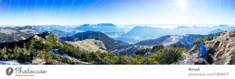 Woman sitting at the summit in front of alpine panorama at Trainsjoch Relaxation Vacation & Travel Sports Adults Nature Fitness Loneliness Leisure and hobbies