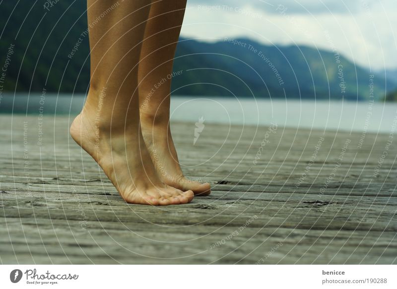tiptoes Toes Tip of the toe feet Legs Woman Footbridge Summer Ballet Lake Vacation & Travel Stretching Mountain Austria Human being Loneliness Deserted Above