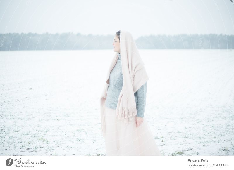 rosé winter Feminine Woman Adults 1 Human being 30 - 45 years Nature Landscape Winter Fog Snow Field Scarf Skirt Sweater Observe Looking Cold Gray Pink White