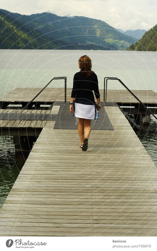 flex Woman Human being Footbridge Lake Pond Mountain Go To go for a walk Corridor Going youthful Water Summer Spring Jacket Skirt Wood Loneliness Vantage point