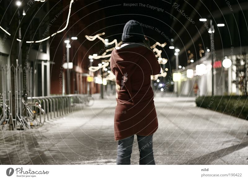 out and about at night Human being Feminine Young woman Youth (Young adults) 1 Cold Take a photo Lighting Pedestrian precinct Town Munich Cap Hooded (clothing)