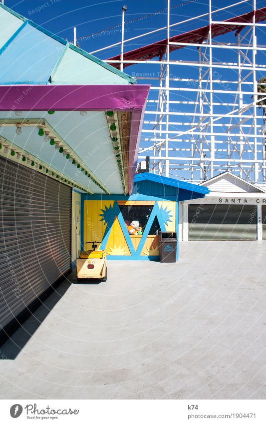 Santa Cruz Boardwalk - M Joy Rolling door Old Fresh Positive Blue Yellow Gray Pink Turquoise Amusement Park California Roller coaster Scaffolding Summer