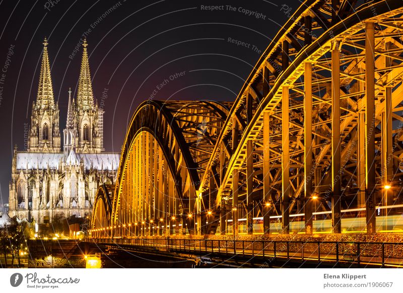 Cologne Cathedral and Hohenzollern Bridge at night Winter Germany Europe Town Port City Downtown Old town Skyline Populated Church Dome Manmade structures