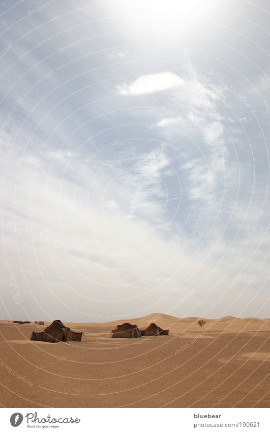Bedouin tents at the edge of the dunes Far-off places Safari Sand Sky Clouds Summer Warmth Drought Desert Tent Poverty Simple Gloomy Dry Protection Mysterious