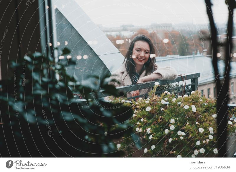 happy time Human being Feminine Young woman Youth (Young adults) Plant Flower Blossom Balcony Terrace Roof Emotions Happy Happiness Smiling Panorama (View)