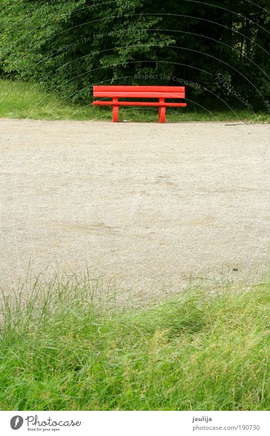red bench in park Garden Nature Landscape Earth Spring Summer Tree Grass Park Bright Red Relaxation bech lonely loneliness isolation garten path Colour photo