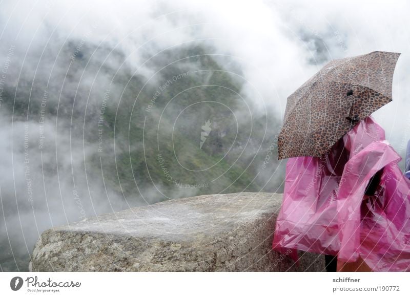 Rain at Machu Picchu 1 Human being Landscape Clouds Weather Bad weather Fog Virgin forest Umbrella Looking Wait Rain cape Protection Weather protection