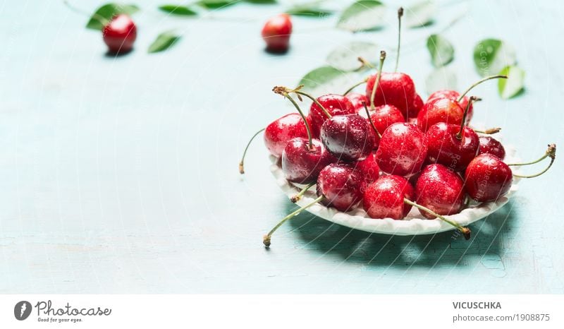 Bowl with fresh red cherries Food Fruit Dessert Lifestyle Style Design Healthy Healthy Eating Summer Table Nature Background picture Cherry Vitamin Blue Red