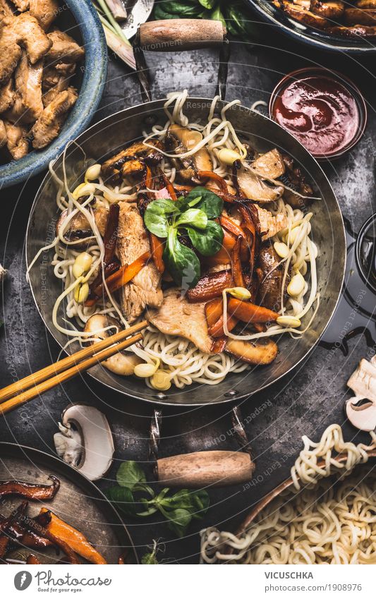 Asian noodle pan with chicken and vegetables Food Meat Vegetable Herbs and spices Nutrition Banquet Diet Asian Food Crockery Pot Pan Style Design Healthy Eating
