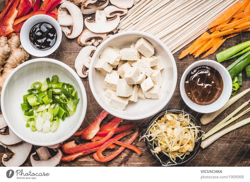 Asian cuisine. Ingredients for Stir Fry with tofu and noodles Food Vegetable Soup Stew Herbs and spices Cooking oil Nutrition Lunch Dinner Buffet Brunch