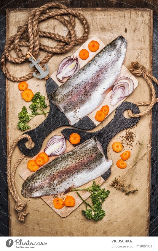 Trout fillet on cutting board with vegetables Food Fish Vegetable Herbs and spices Nutrition Lunch Dinner Organic produce Vegetarian diet Diet Style Design