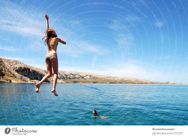 jump in Human being Feminine Young woman Youth (Young adults) Infancy Life 2 Environment Nature Water Sky Sun Sunlight Summer Beautiful weather Coast Reef
