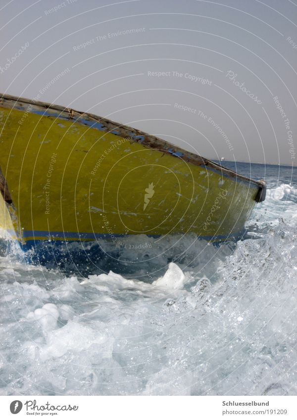 yellow boat Vacation & Travel Trip Freedom Cruise Summer Summer vacation Ocean Waves Water Drops of water Sky Cloudless sky Boating trip Fishing boat