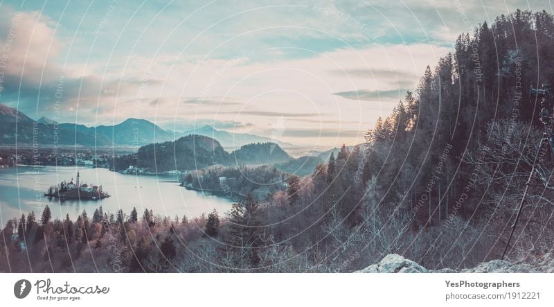 Panorama with lake Bled and the surroundings Vacation & Travel Island Winter Mountain Camera Nature Landscape Horizon Forest Lake Church Above Blue DSLR Alpine