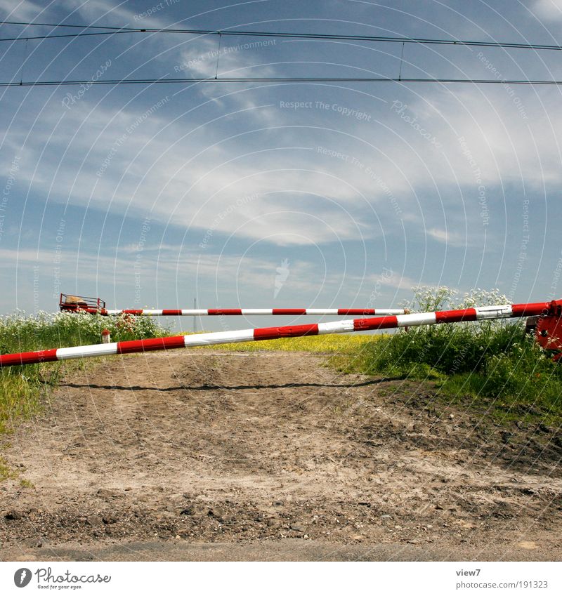 level crossing Nature Plant Sky Cloudless sky Beautiful weather Meadow Field Rail transport Railroad crossing Control barrier Railroad tracks Old Esthetic