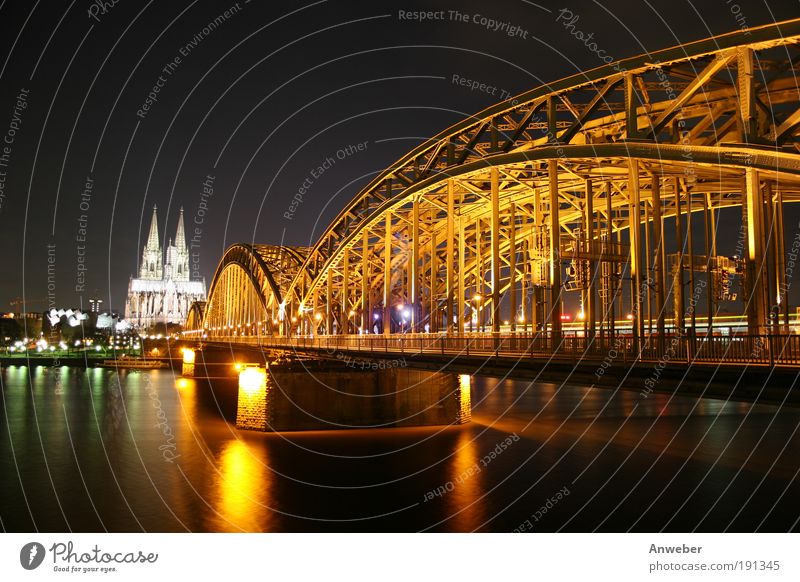 Cologne Cathedral, Rhine and Hohenzollern Bridge at night River bank Germany Europe Dome Manmade structures Architecture Church Tourist Attraction Landmark