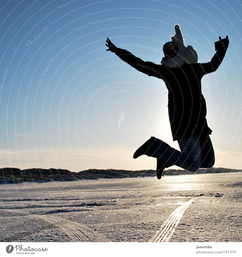 Jump! Joy Life Vacation & Travel Winter Winter vacation Young woman Youth (Young adults) Beautiful weather Ice Frost Snow Jacket Scarf Cap Healthy Happiness