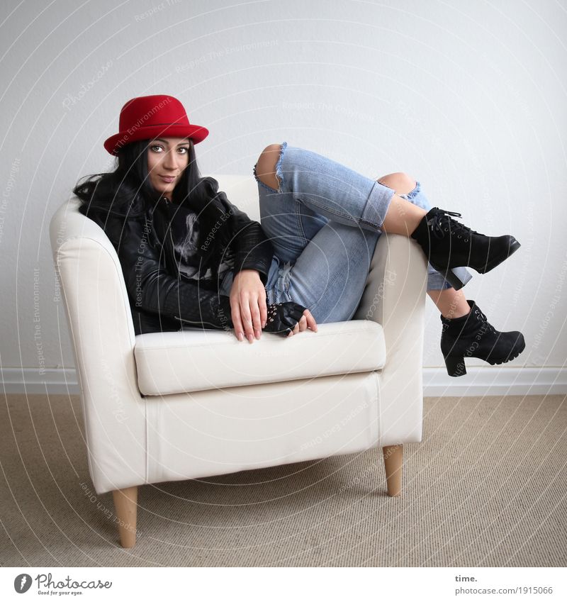 nastya Armchair Room Feminine Woman Adults Jeans Jacket Boots Hat Black-haired Long-haired Observe Relaxation Smiling Looking Sit Wait Beautiful Contentment