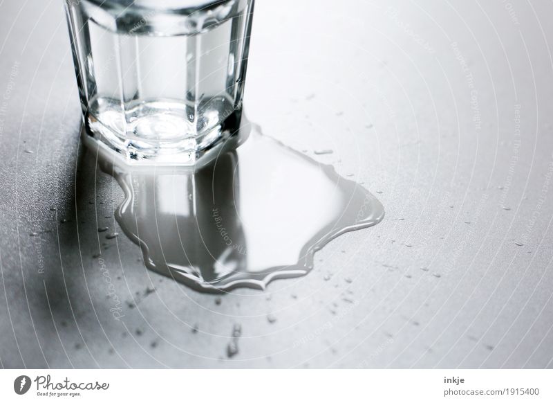 After the vibration. Beverage Drinking water Glass Tumbler Puddle Water Patch Wet Adversity Daub Side Spill Colour photo Black & white photo Subdued colour