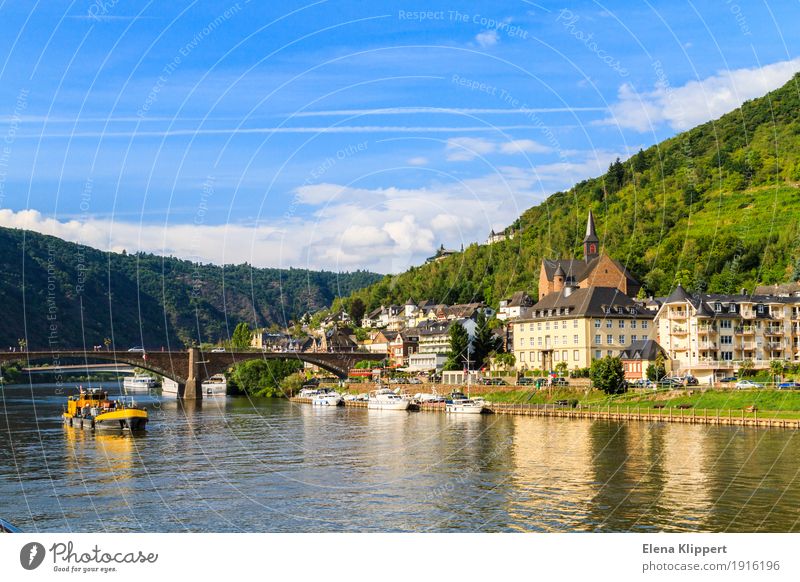 Moselle valley Nature Landscape Water Sky Clouds Summer Weather Hill Coast River bank Cochem Germany Eifel Rhineland-Palatinate Europe Village Small Town