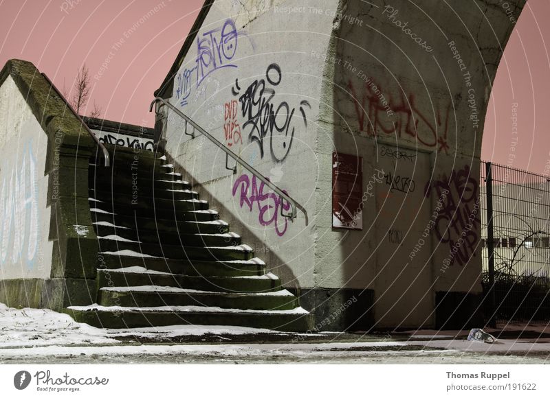 staircase Sky Cloudless sky Night sky Winter Snow Europe Outskirts Deserted Bridge Manmade structures Stairs Facade Stone Concrete Graffiti Cold Pink