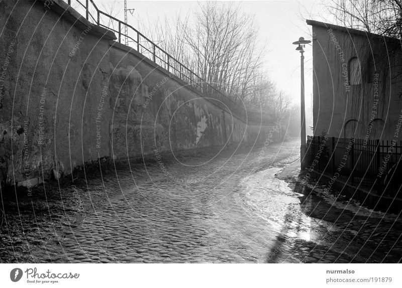uncertain way Art Environment Climate Beautiful weather Fog Deserted Industrial plant Train station Bridge Building Wall (barrier) Wall (building) Transport