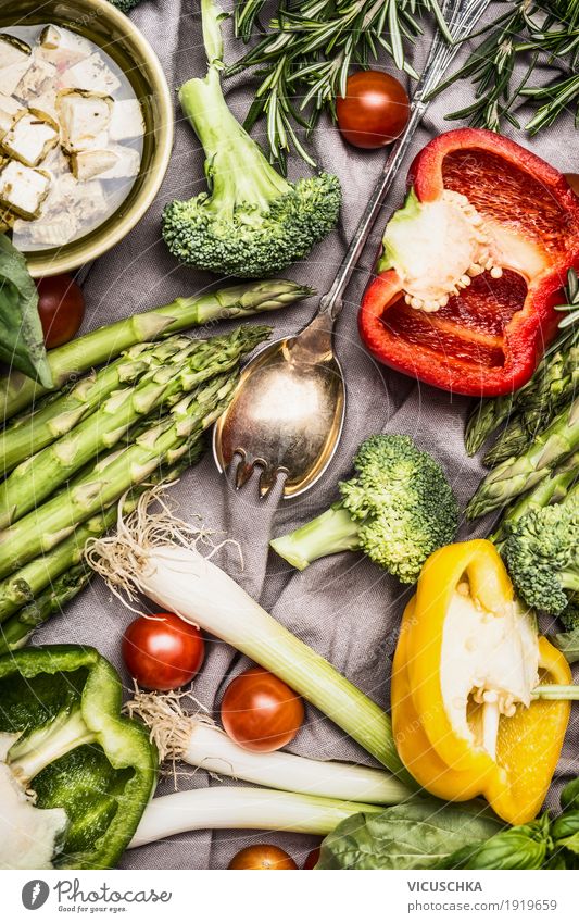 Various colorful vegetable ingredients with cooking spoon and feta Food Vegetable Lettuce Salad Herbs and spices Cooking oil Nutrition Lunch Dinner