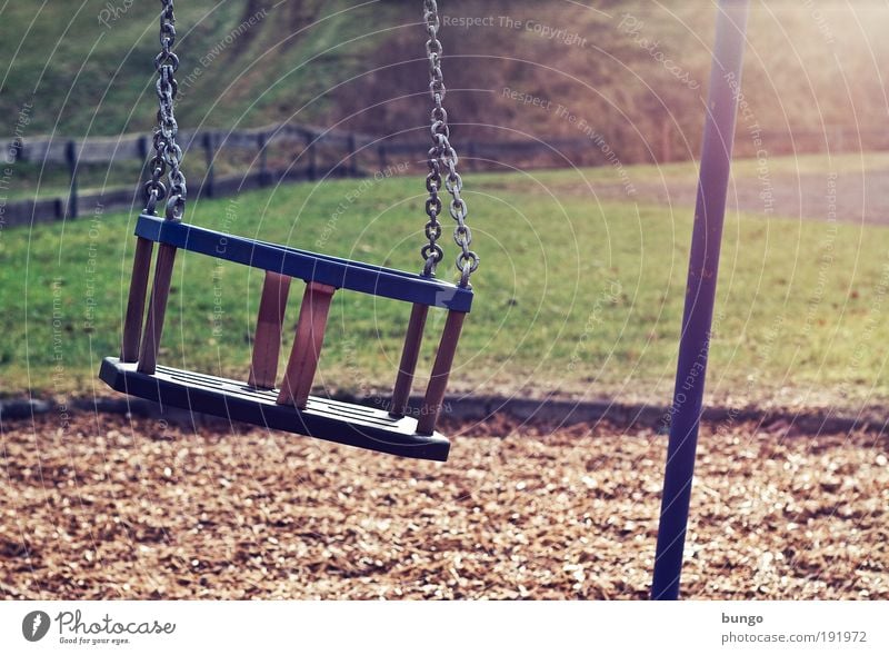 vetus et persolus Playing Village Playground To swing Old Trashy Loneliness Infancy Meadow Fence Swing Chain Seat Past Broken Longing Transience Colour photo